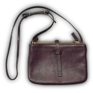 Deep Plum Pebbled Leather Triple-Zip Crossbody Bag